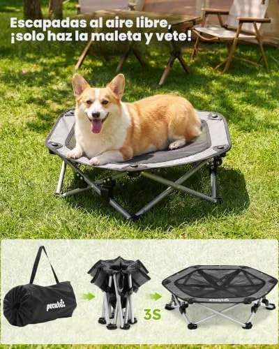 Pecute ▫️ Cama Elevada para Cães de Tamanho Médio com Manta Refrescante, Sem Montagem, Adequada para Gatos e Cães, Dobrável para Utilização em Interior e Acampamento, Tamanho L, Suporta até 60 kg, Cinzenta 2
