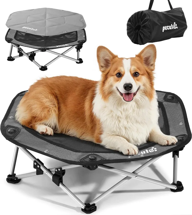 Pecute ▫️ Cama Elevada para Cães de Tamanho Médio com Manta Refrescante, Sem Montagem, Adequada para Gatos e Cães, Dobrável para Utilização em Interior e Acampamento, Tamanho L, Suporta até 60 kg, Cinzenta