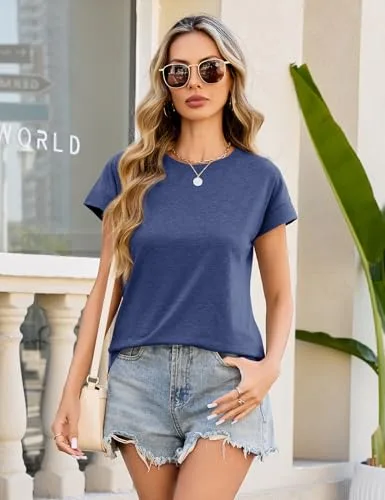 Fashora ▫️ Camisola de manga curta elegante para mulher, camisola de verão com gola redonda, camisolas elásticas e leves, blusas casuais básicas, top 3