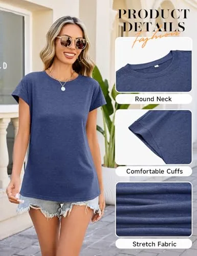 Fashora ▫️ Camisola de manga curta elegante para mulher, camisola de verão com gola redonda, camisolas elásticas e leves, blusas casuais básicas, top 5