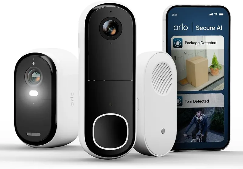 Arlo ▫️ Câmara de vigilância exterior Wi-Fi Essential 3 2K e videoporteiro HD com campainha, sensor de movimento, alarmes para a casa, visão noturna a cores, versão de avaliação Secure incluída