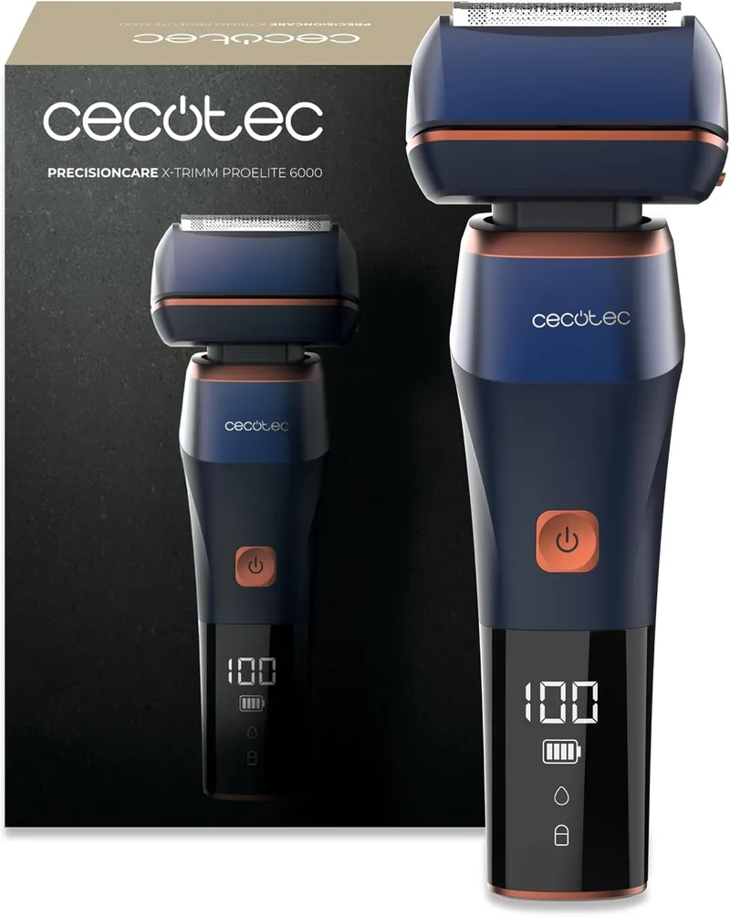 Cecotec ▫️ Máquina de barbear elétrica laminar com 6 lâminas PrecisionCare X-Trimm ProElite 6000. Motor de 8000 rpm, luz LED, autonomia de 100 minutos, ecrã integrado, carregamento rápido, IPX6, utilização com cabo ou bateria