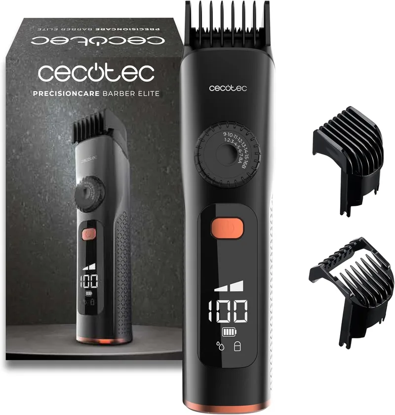 Cecotec ▫️ Máquina de aparar barba PrecisionCare Barber Elite. Máquina de barbear com lâminas de aço inoxidável, autonomia de 120 minutos, corte preciso, 2 pentes de 1-8 mm e 9-16 mm, ecrã, IPX6, carregamento rápido