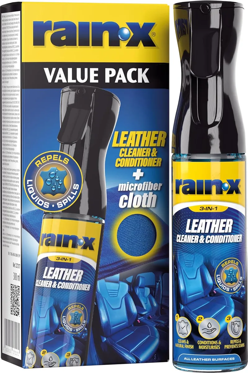 Rain-X ▫️ Limpador de Estofos de Couro para Automóveis - Limpa, Nutre e Protege contra Manchas | - Repelente de Líquidos, Acabamento Natural e Proteção UV com Pano de Microfibra - 300 ml