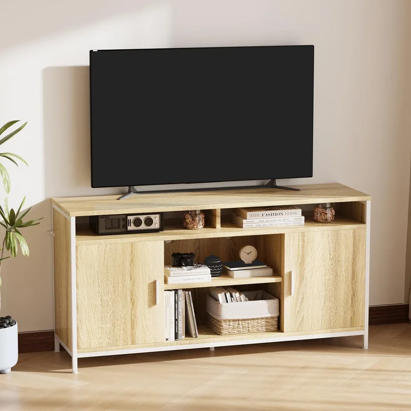 ELUCHANG ▫️ Móvel de TV, Mesa de TV para sala de estar, com prateleiras ajustáveis, para televisores até 65 polegadas, estilo moderno, 140 x 40 x 71 cm, carvalho claro