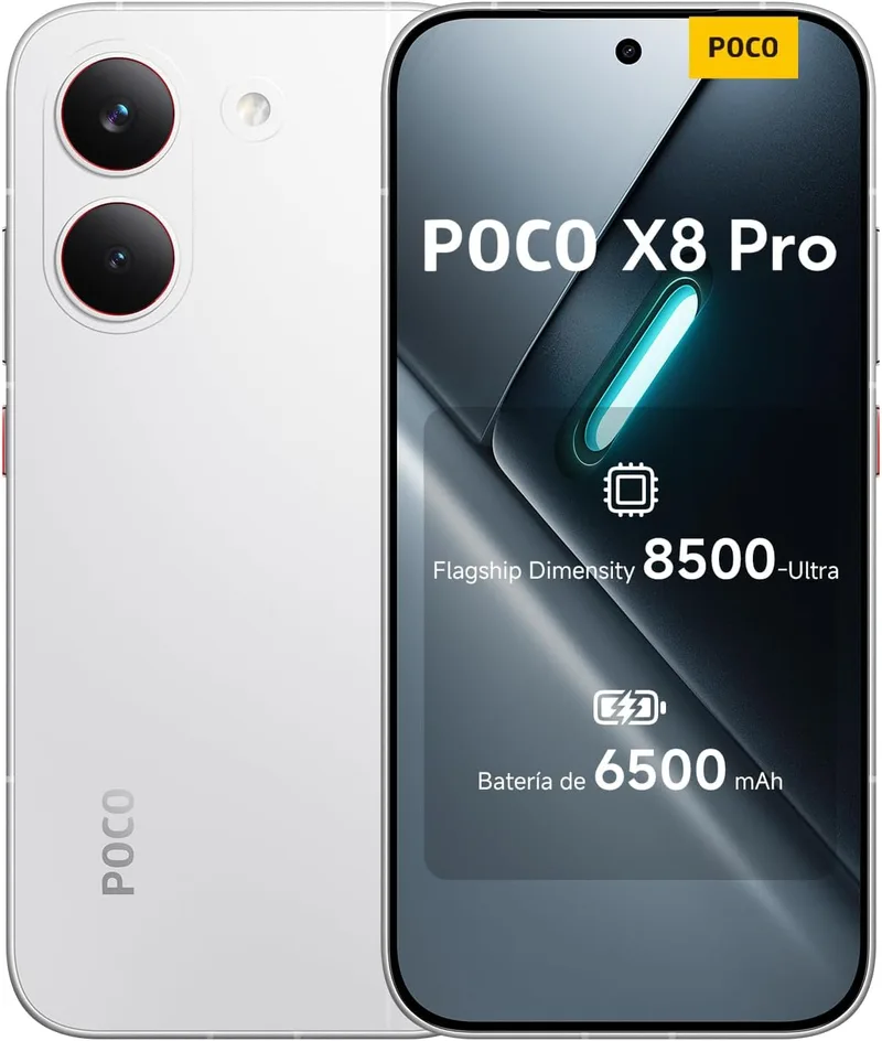 XIAOMI ▫️ POCO X8 Pro - Smartphone de 8+512 GB, 8500-Ultra Dimensidade, Bateria de 6500 mAh, Sensor Sony IMX882 50MP com OIS, Garantia de 1 ano extra, Carregador não incluído, Branco (Versão ES)