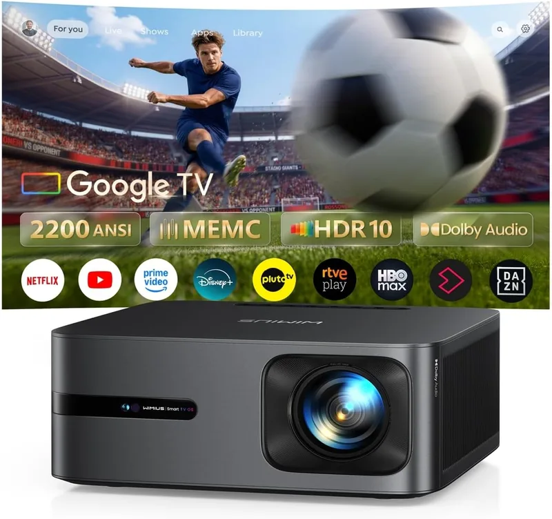 WiMiUS ▫️ Projetor 4K | 2200 ANSI Lúmen | Google TV 14.0 Integrada | Áudio Dolby 40 W | Projetor FHD 1080p Nativo, Foco Automático e Calibração por IA, 2+32 GB, HDMI 2.1, MEMC HDR10 para cinema em casa e exterior