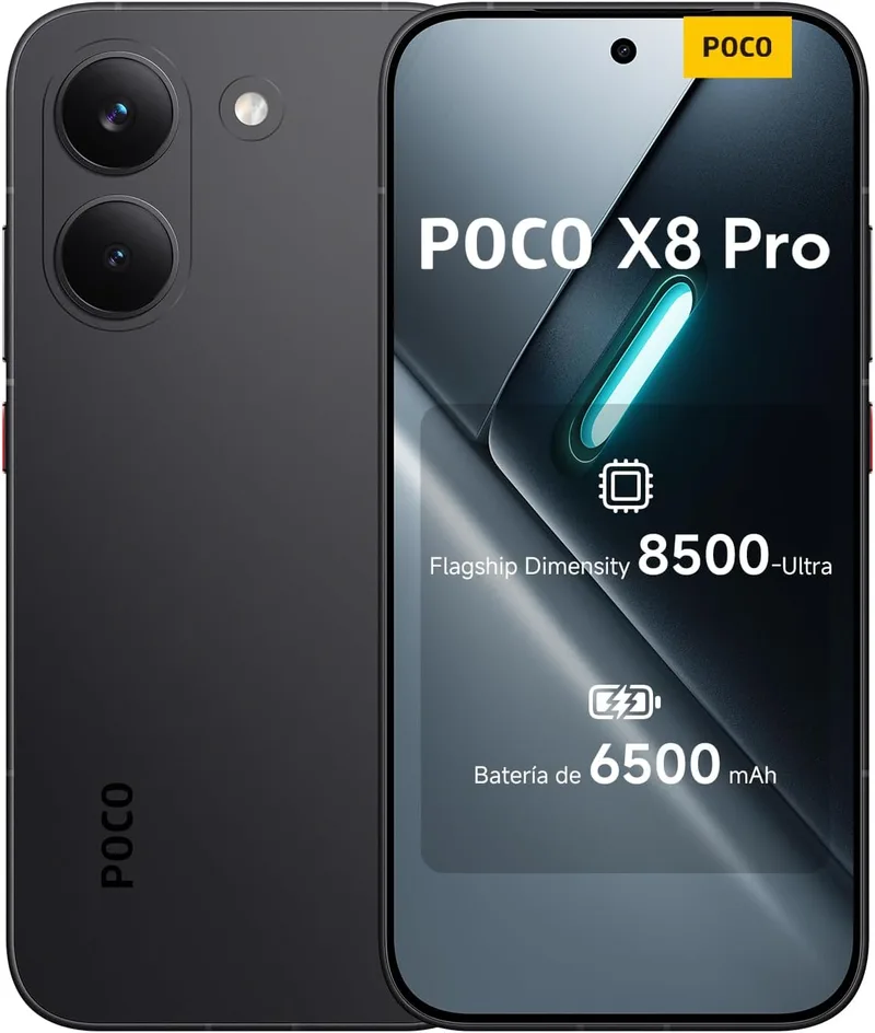 XIAOMI ▫️ POCO X8 Pro - Smartphone com 8+512 GB, Dimensity 8500-Ultra, bateria de 6500 mAh, sensor Sony IMX882 de 50 MP com OIS, 1 ano de garantia extra, carregador não incluído, preto (versão ES)