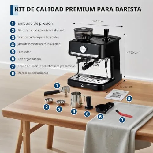Garvee ▫️ Máquina de café expresso semiautomática 15 bar, moedor incorporado com 30 níveis, bocal para espumar leite, porta-filtros de 58 mm, depósito de 1,5 L, fácil de limpar. 2