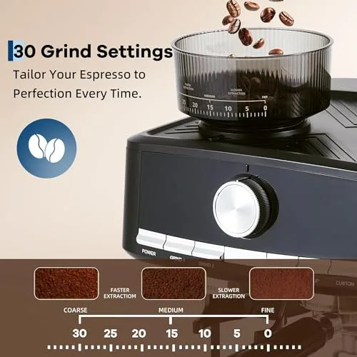 Garvee ▫️ Máquina de café expresso semiautomática 15 bar, moedor incorporado com 30 níveis, bocal para espumar leite, porta-filtros de 58 mm, depósito de 1,5 L, fácil de limpar. 5