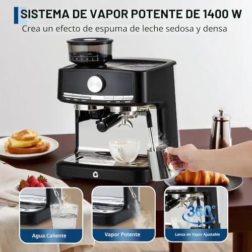 Garvee ▫️ Máquina de café expresso semiautomática 15 bar, moedor incorporado com 30 níveis, bocal para espumar leite, porta-filtros de 58 mm, depósito de 1,5 L, fácil de limpar. 6