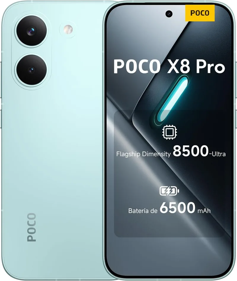 XIAOMI ▫️ POCO X8 Pro - Smartphone de 8+256 GB, 8500-Ultra Dimensidade, Bateria de 6500 mAh, Sensor Sony IMX882 50MP com OIS, Garantia de 1 ano extra, Carregador não incluído, Verde (Versão ES)
