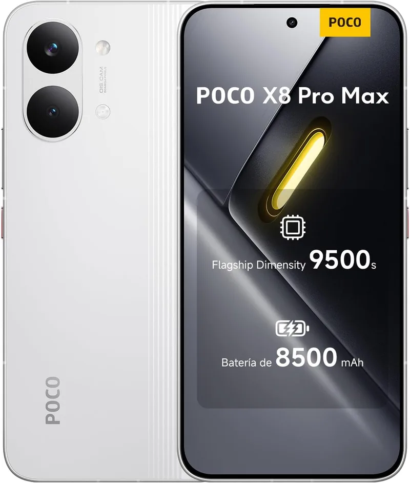 XIAOMI ▫️ POCO X8 Pro MAX - Smartphone 12+256GB, Dimensity 9500s, Bateria 8500 mAh, Sensor Light Fusion 600 de 50MP com OIS, Garantia extra de 1 ano, Carregador não incluído, Branco (Versão ES)