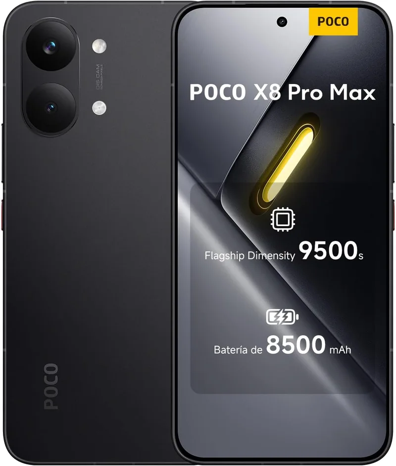 XIAOMI ▫️ POCO X8 Pro MAX - Smartphone de 12+512 GB, Dimensity 9500s, bateria de 8500 mAh, câmara Light Fusion 600 de 50 MP com OIS, 1 ano de garantia extra, carregador não incluído, preto (versão ES)