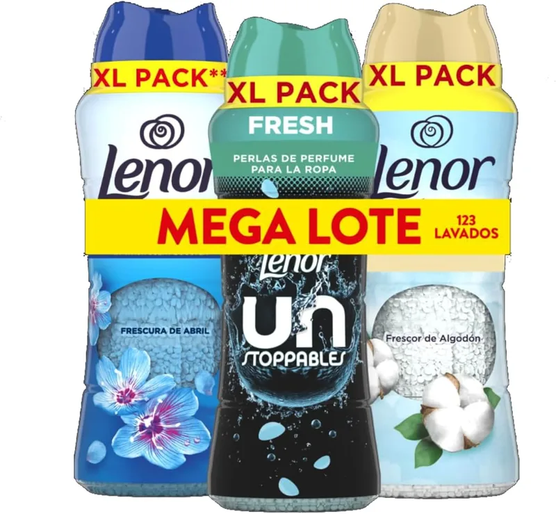 LENOR ▫️ UNstoppables Pérolas de Fragrância para Roupa, 3x41 lavagens (3x495g), Amaciador de Fragrância Fresca + Frescura de abril + Frescura de Algodão, Intensificador de Frescura