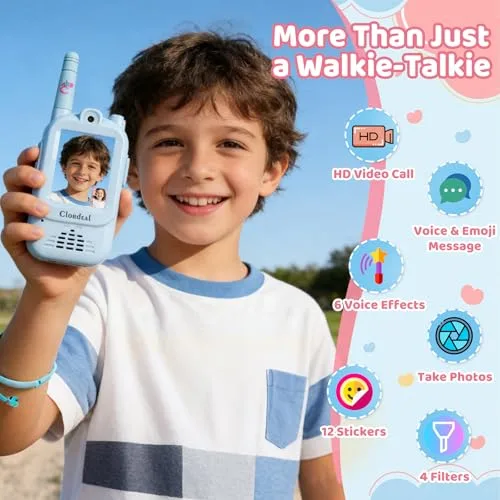 Clordeal ▫️ Walkie-talkie com vídeo para crianças, de longo alcance e recarregável, brinquedos para meninos e meninas dos 3 aos 12 anos, ecrã LCD de 2", videochamada, 6 efeitos de voz, câmara, 23 emojis, azul e rosa, embalagem com 2 unidades 2