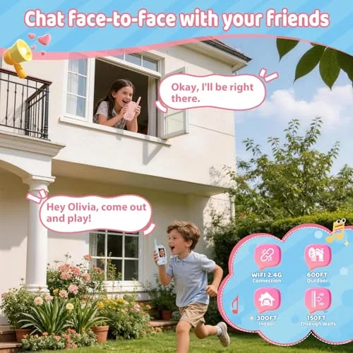 Clordeal ▫️ Walkie-talkie com vídeo para crianças, de longo alcance e recarregável, brinquedos para meninos e meninas dos 3 aos 12 anos, ecrã LCD de 2", videochamada, 6 efeitos de voz, câmara, 23 emojis, azul e rosa, embalagem com 2 unidades 3