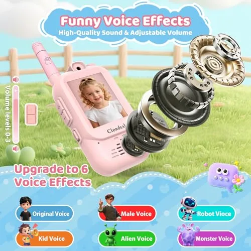 Clordeal ▫️ Walkie-talkie com vídeo para crianças, de longo alcance e recarregável, brinquedos para meninos e meninas dos 3 aos 12 anos, ecrã LCD de 2", videochamada, 6 efeitos de voz, câmara, 23 emojis, azul e rosa, embalagem com 2 unidades 4