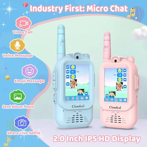 Clordeal ▫️ Walkie-talkie com vídeo para crianças, de longo alcance e recarregável, brinquedos para meninos e meninas dos 3 aos 12 anos, ecrã LCD de 2", videochamada, 6 efeitos de voz, câmara, 23 emojis, azul e rosa, embalagem com 2 unidades 5