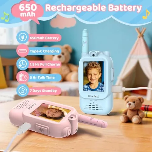 Clordeal ▫️ Walkie-talkie com vídeo para crianças, de longo alcance e recarregável, brinquedos para meninos e meninas dos 3 aos 12 anos, ecrã LCD de 2", videochamada, 6 efeitos de voz, câmara, 23 emojis, azul e rosa, embalagem com 2 unidades 6