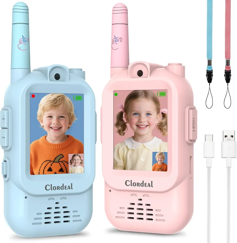 Clordeal ▫️ Walkie-talkie com vídeo para crianças, de longo alcance e recarregável, brinquedos para meninos e meninas dos 3 aos 12 anos, ecrã LCD de 2", videochamada, 6 efeitos de voz, câmara, 23 emojis, azul e rosa, embalagem com 2 unidades