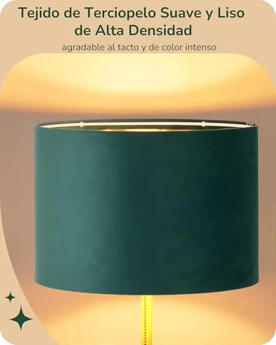 EDISHINE ▫️ Candeeiro de pé para sala, abajur em veludo, verde e dourado | Estrutura metálica dourada, candeeiro de leitura moderno com lâmpada LED E27 incluída, 2700 K, para quarto e escritório 2