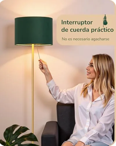 EDISHINE ▫️ Candeeiro de pé para sala, abajur em veludo, verde e dourado | Estrutura metálica dourada, candeeiro de leitura moderno com lâmpada LED E27 incluída, 2700 K, para quarto e escritório 3