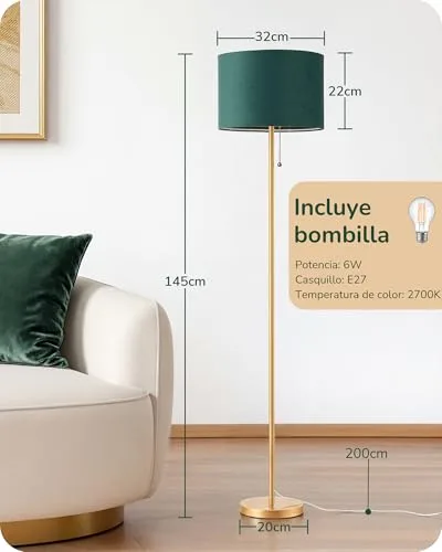 EDISHINE ▫️ Candeeiro de pé para sala, abajur em veludo, verde e dourado | Estrutura metálica dourada, candeeiro de leitura moderno com lâmpada LED E27 incluída, 2700 K, para quarto e escritório 6