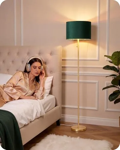 EDISHINE ▫️ Candeeiro de pé para sala, abajur em veludo, verde e dourado | Estrutura metálica dourada, candeeiro de leitura moderno com lâmpada LED E27 incluída, 2700 K, para quarto e escritório 7