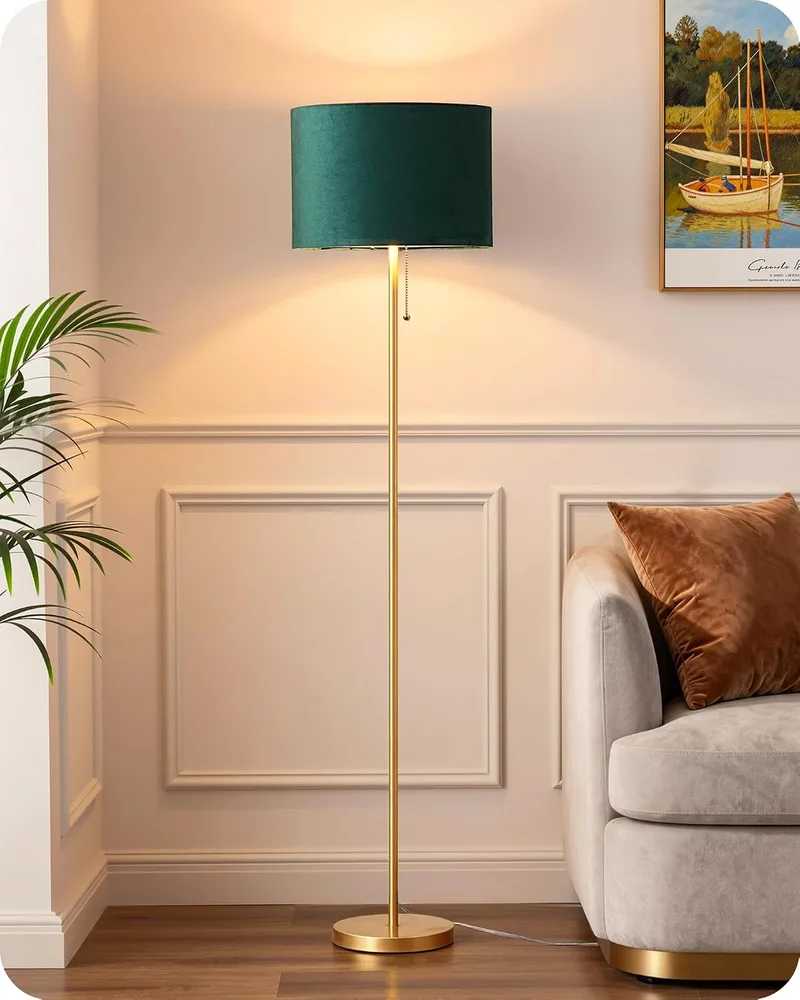 EDISHINE ▫️ Candeeiro de pé para sala, abajur em veludo, verde e dourado | Estrutura metálica dourada, candeeiro de leitura moderno com lâmpada LED E27 incluída, 2700 K, para quarto e escritório