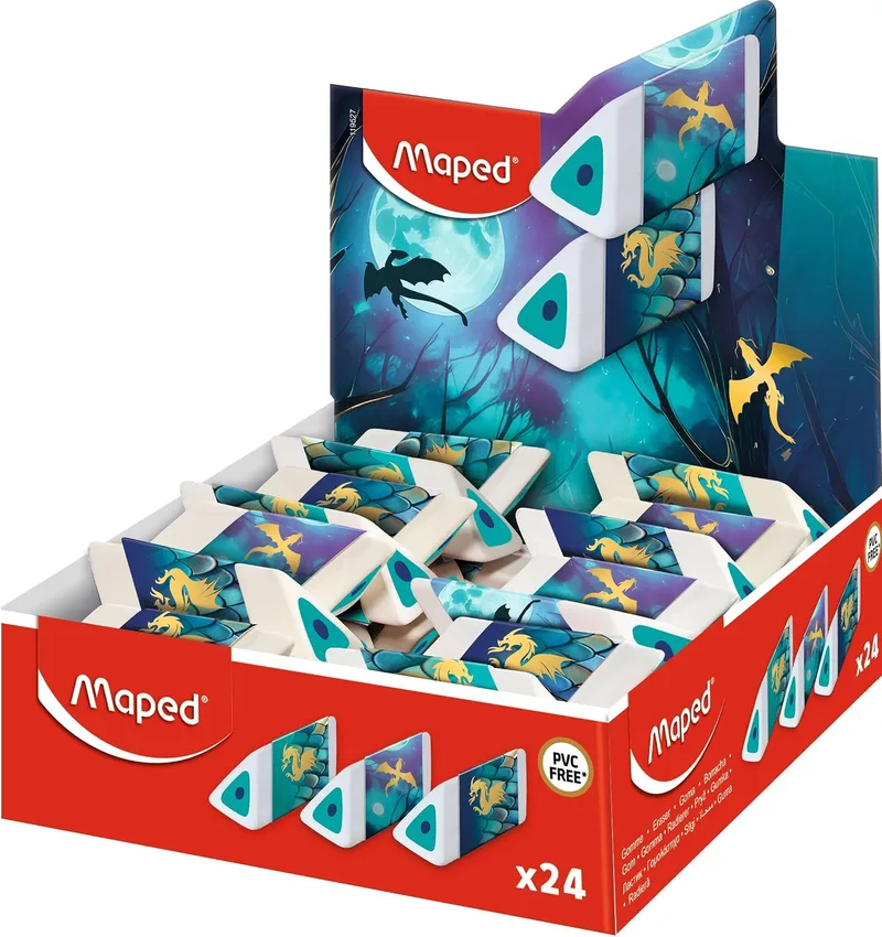 Maped ▫️ Dragon - Expositor com 24 borrachas brancas com escamas metalizadas, borracha de precisão ergonómica e confortável, expositor de balcão para lojas, material escolar com embalagem reciclável