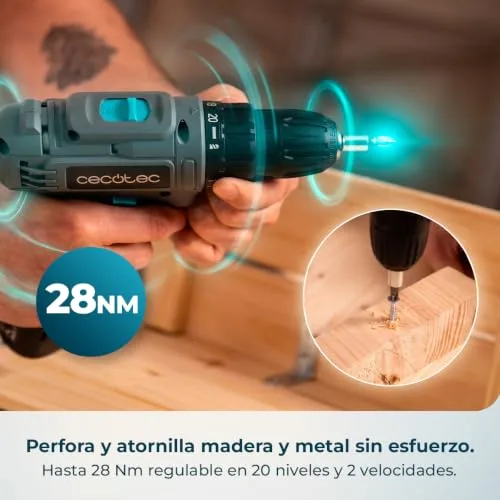 Cecotec ▫️ Berbequim a Bateria PowerForce 1000. 12 V, 2000 mAh, 2 velocidades (400/1400 rpm), binário de aperto de 28 Nm em 20 níveis, luz LED, troca de broca sem chave, design ergonómico, inclui pontas e brocas 6