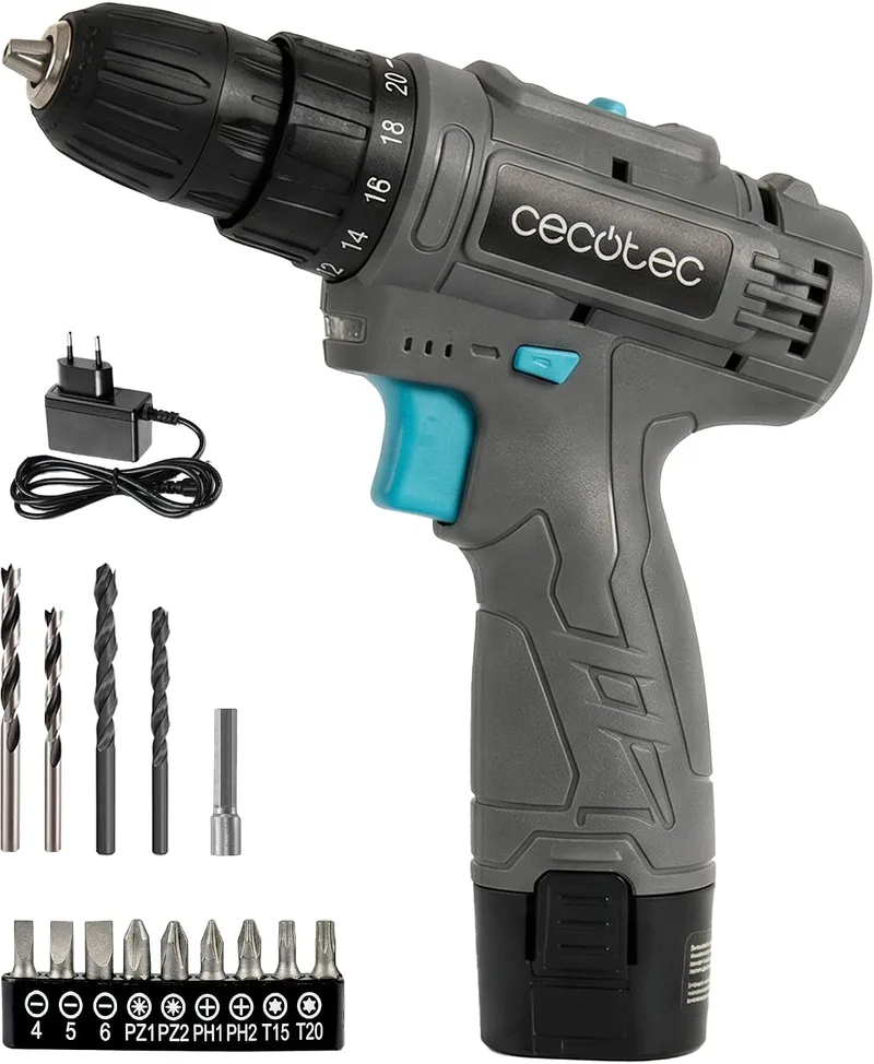 Cecotec ▫️ Berbequim a Bateria PowerForce 1000. 12 V, 2000 mAh, 2 velocidades (400/1400 rpm), binário de aperto de 28 Nm em 20 níveis, luz LED, troca de broca sem chave, design ergonómico, inclui pontas e brocas