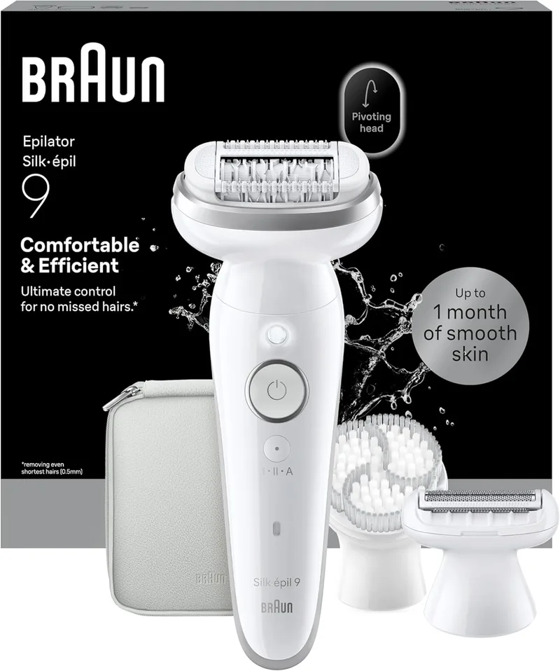 Braun ▫️ Silk-épil 9 depiladora eléctrica para mulheres, depiladora corporal com pente para aparar, escova esfoliante e estojo, à prova de água, depila, barbeia e apara, depilação suave de longa duração, 9-061