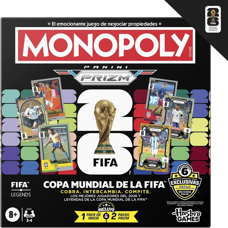 Monopoly ▫️ Jogo Panini Prizm: Copa do Mundo da FIFA I Jogo de mesa com temática de futebol e cartas colecionáveis Panini Prizm Copa do Mundo da FIFA 2026 I Idade: 8+ - Versão em espanhol