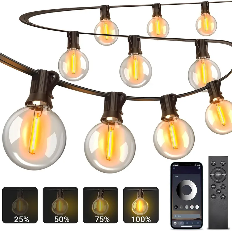 ARKOCHIC ▫️ Guirlanda de luzes para exterior de 30 m, controlo por aplicação | Guirlandas de luzes para exterior | Lâmpadas G40, controlo remoto, 4 modos e sincronização com música, IP44 à prova de água, luzes LED para interior, jardim, terraço e festas