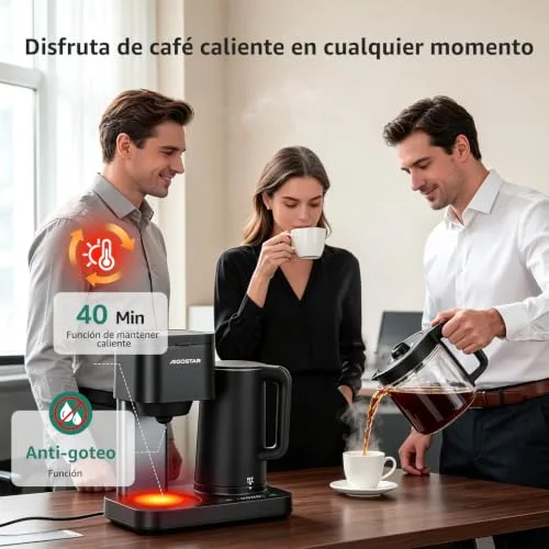 Aigostar ▫️ Cafeteira de gotejamento 3 em 1, 1600 W, 1,3 L/8 chávenas, temperatura 60–100 °C, painel tátil LED, 2 filtros, preta 3