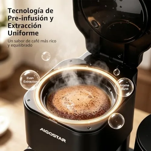 Aigostar ▫️ Cafeteira de gotejamento 3 em 1, 1600 W, 1,3 L/8 chávenas, temperatura 60–100 °C, painel tátil LED, 2 filtros, preta 4