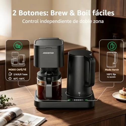 Aigostar ▫️ Cafeteira de gotejamento 3 em 1, 1600 W, 1,3 L/8 chávenas, temperatura 60–100 °C, painel tátil LED, 2 filtros, preta 5