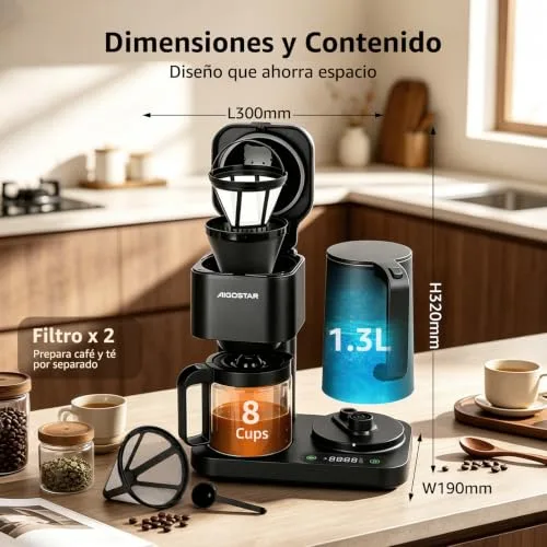 Aigostar ▫️ Cafeteira de gotejamento 3 em 1, 1600 W, 1,3 L/8 chávenas, temperatura 60–100 °C, painel tátil LED, 2 filtros, preta 6