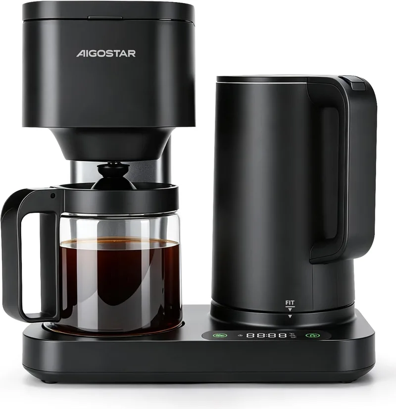 Aigostar ▫️ Cafeteira de gotejamento 3 em 1, 1600 W, 1,3 L/8 chávenas, temperatura 60–100 °C, painel tátil LED, 2 filtros, preta