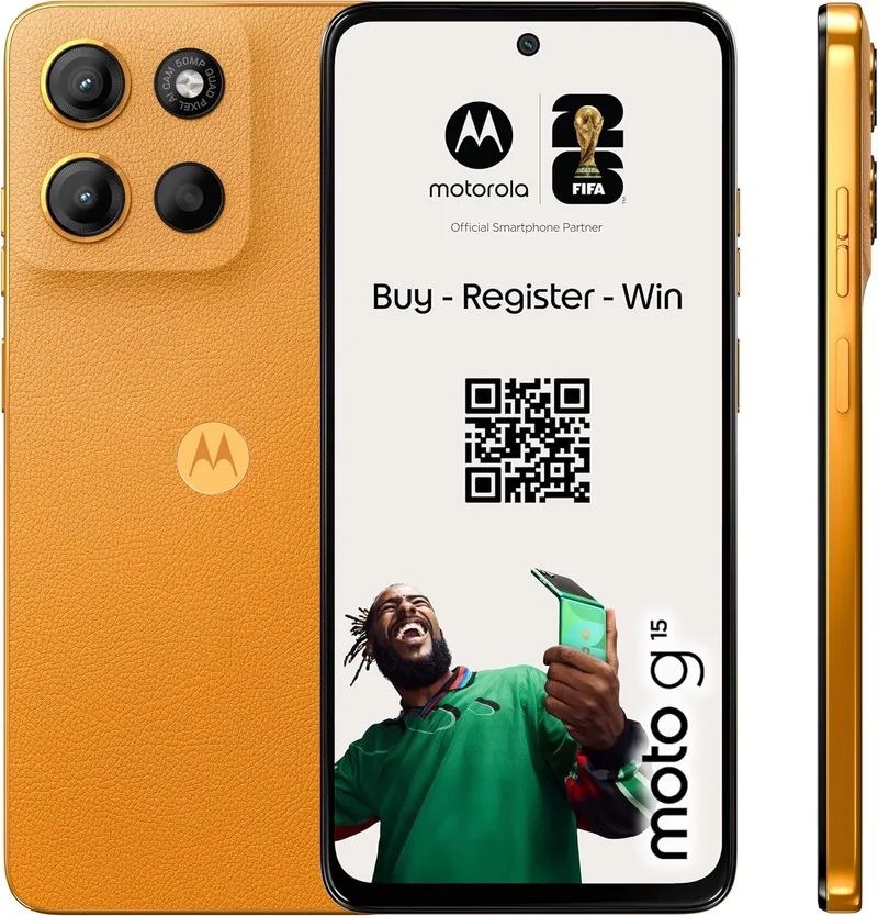 Motorola ▫️ Moto g15 24GB (8G+16GB RAM Boost)/256GB Laranja, Reino Unido, ecrã FHD+ de 6,72'', sistema de câmara de 50 MP e lente ultra grande angular, bateria de 5100 mAh, carregamento TurboPower, Soft Luxe