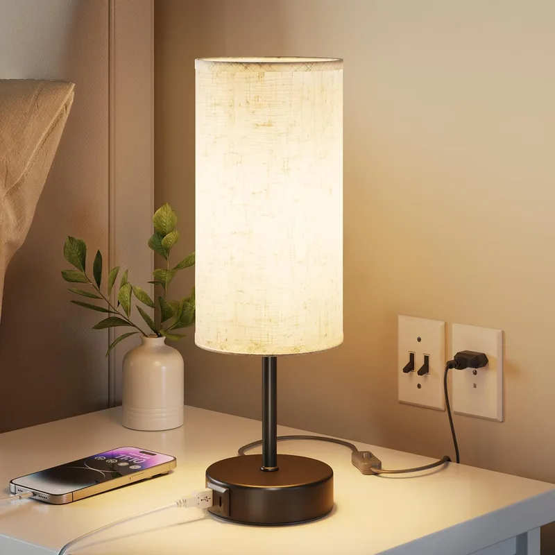 UPXNBOR ▫️ Candeeiro de mesa de cabeceira com controlo tátil e portas de carregamento USB-A e USB-C, intensidade regulável em 3 níveis, abajur em linho, candeeiro de mesa pequeno, cabo de 1,5 m, preto (lâmpada E27 incluída)