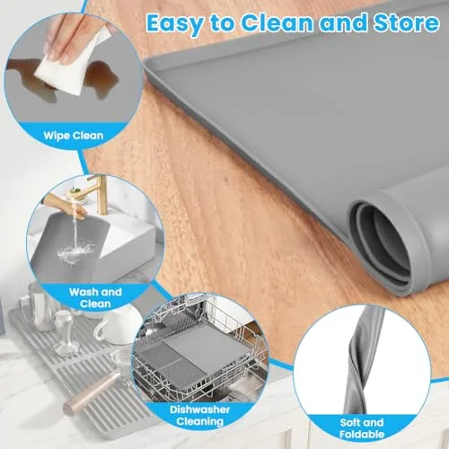 Adiwo ▫️ Tapete de silicone para café com tapete de secagem – Antiderrapante, resistente ao calor, para máquinas de café, cozinha e bar (cinzento) 3