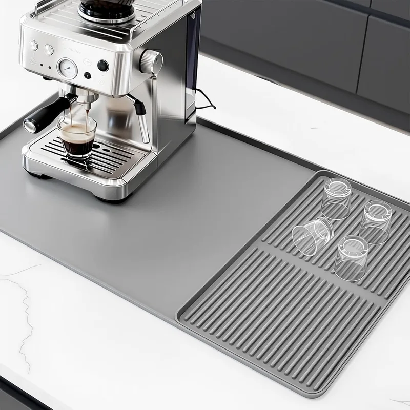 Adiwo ▫️ Tapete de silicone para café com tapete de secagem – Antiderrapante, resistente ao calor, para máquinas de café, cozinha e bar (cinzento)