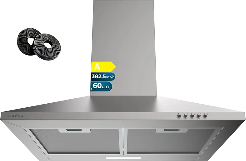 Cecotec ▫️ Exaustor piramidal 60 cm Bolero Flux PM 604000 Inox A. Acabamento em aço inoxidável, aspiração 382,5 m³/h, 3 velocidades, filtros de carvão incluídos, classe A, motor BLDC e luz LED