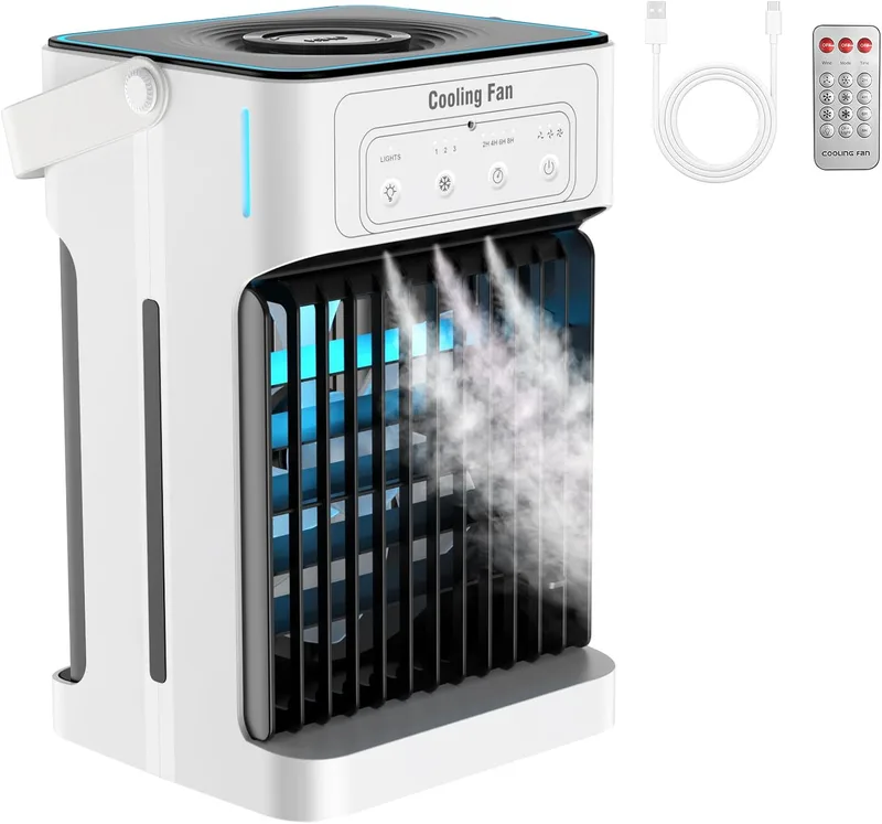 Zhinatry ▫️ Mini ar condicionado portátil, refrigerador de ar de 1100 ml, 3 velocidades, 3 níveis de nebulização, temporizador de 2 a 8 horas, 7 LEDs. Climatizador portátil para quartos e escritórios (10 W)