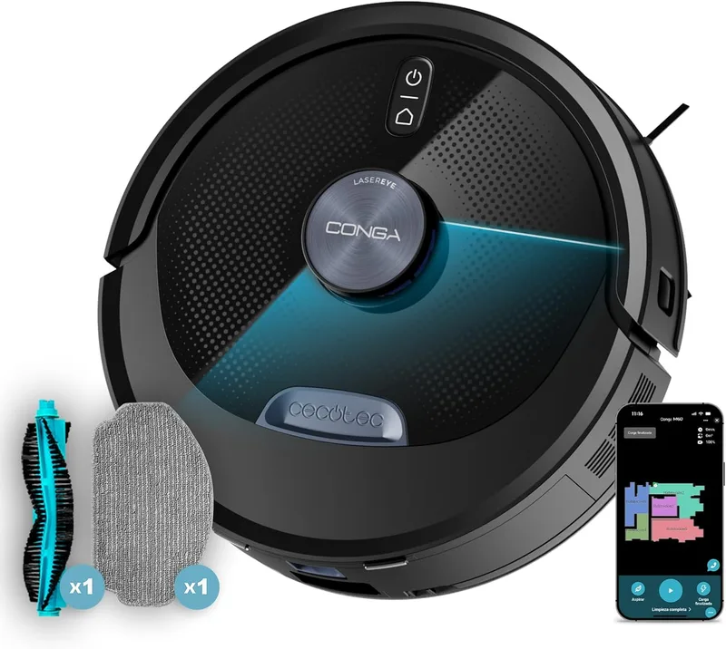 Cecotec ▫️ Aspirador Robô e Aspirador de Piso Conga M60 Dark. Navegação a laser, motor de sucção 13000Pa, autonomia 200mins, escova multifunções para todos os tipos de superfícies, Bluetooth e WiFi, App