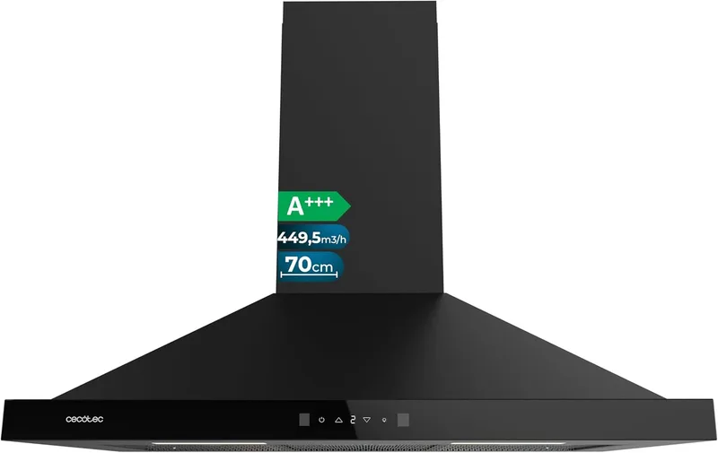 Cecotec ▫️ Exaustor piramidal 70 cm Bolero Flux PT 704400 Preto A+++. Vidro frontal preto, aspiração 449,5 m³/h, controlo tátil invisível, função Booster, filtros laváveis, classe A+++.