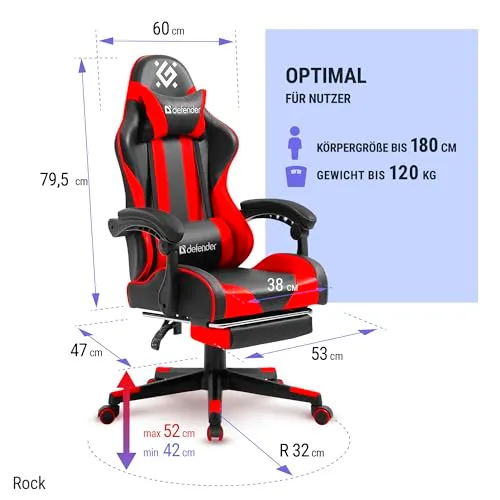 Defender ▫️ Cadeira Gaming Rock – Cadeira ergonómica com apoio para os pés – Couro sintético – Encosto com inclinação de 135° – Edição Comfort – Até 120 kg – Preto e Vermelho 2